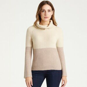 Ann Taylor 100% Cashmere Colorblock Cowl Neck Sweater Cream Taupe XS